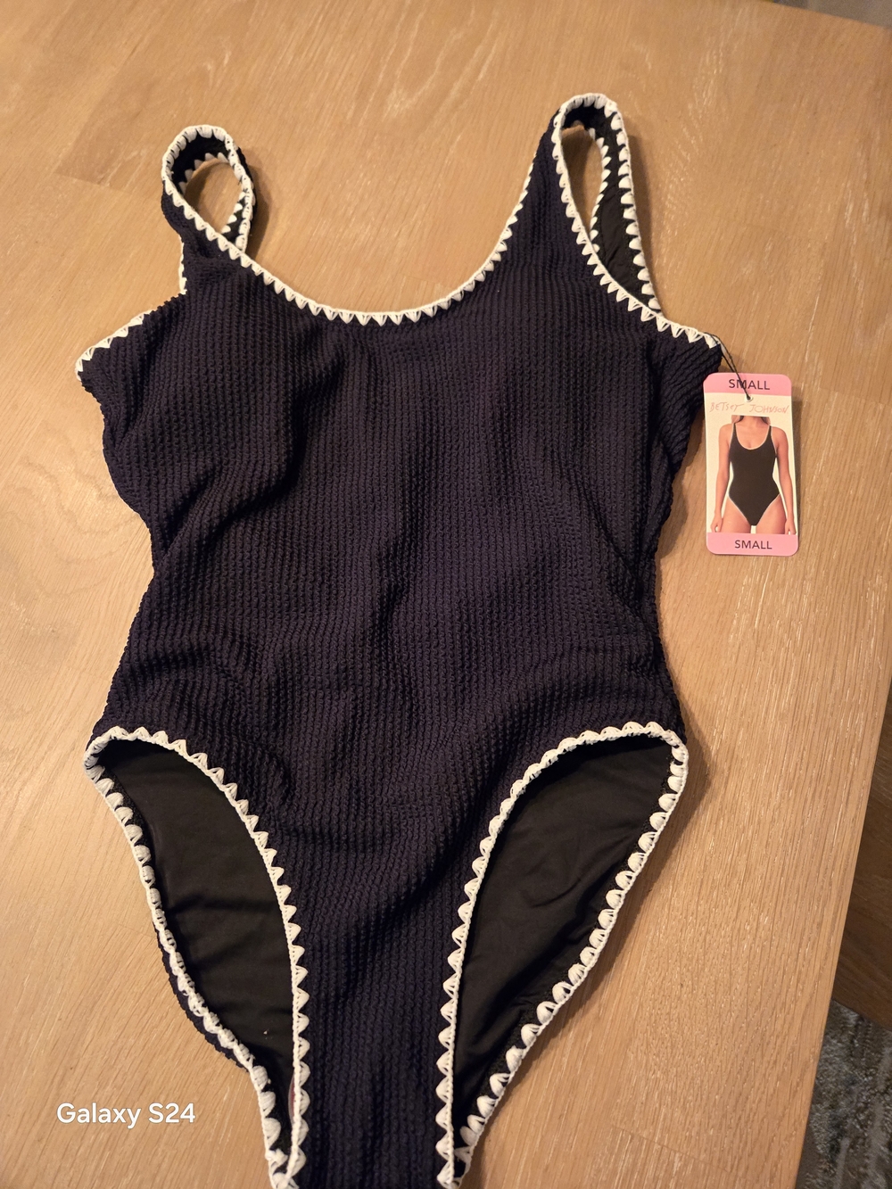 Womens Sz S Betsey Johnson Black One-Piece Swimsuit with White Trim New
